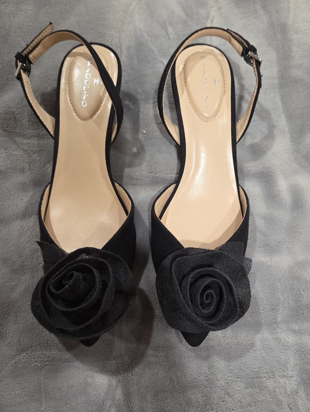 Bandolino Miller Black Floral Slingback Pointed-Toe Heels with Rose Accent